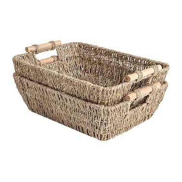 StorageWorks HandWoven Large Storage Baskets with Wooden Handles Seagrass Wicker Baskets for Organizing 2Pack