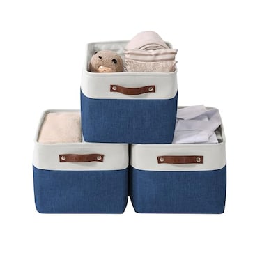 DECOMOMO Storage Bins Large Fabric Storage Baskets for Shelves Decorative Linen Closet Organizer 15 x 11 x 95 inches Navy Blue White 3 Pack