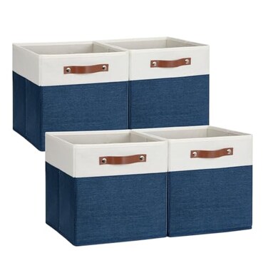 DULLEMELO 12 inch Cube Storage Bins Gift Baskets Empty for Boy Girl Mother Father Christmas FestivalFabric Storage Bins Cube Organizer Baskets With Leather HandlesWhiteBlue4 Pack