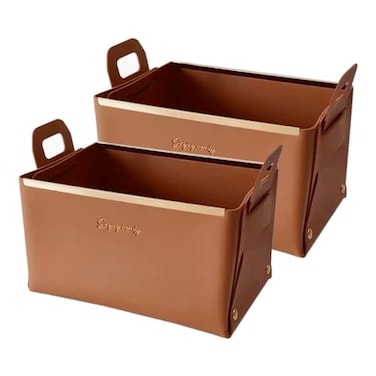 Sinowe Decorative Faux Leather Basket Small Catchall Basket for Entryway Bedside Dresser End Table Foldable Rectangle Tray Organizer Box Set of 2 Caramel