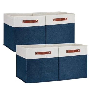 DULLEMELO 13 inch Cube Storage Bins Gift Baskets Empty for Boy Girl Mother Father Christmas FestivalFabric Storage Bins Cube Organizer Baskets With Leather HandlesWhiteBlue4 Pack