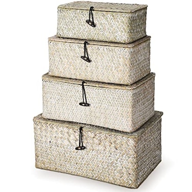 Woanger Set of 4 Wicker Baskets with Lids Nautral Seagrass Storage Baskets Woven Rectangular Basket Bins Rattan Storage Organizer for Shelf Closet BedroomWhite