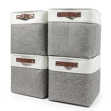 Bagnizer 13x13 Cube Storage Bins Collapsible Fabric Storage Box 4 Pack Closet Baskets with Handles for Organizing Shelf Toys Clothes Home Office Nursery GreyWhite