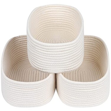 CubesLand Off White Small Storage Baskets for Shelves Closet Organization Storage Bins Empty Gift Basket Baby Nursery Woven Baskets for Organizing Rectangular Clothes Closet Shelves Baskets 3 Packs