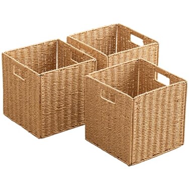 ChubanCraft Foldable Storage Baskets with Handles Paper Rope Storage Baskets Rectangle Collapsible Hand Woven Storage Cubes Bins for Organizing Shelves Living Room Bedroom Pantry 3 11 x 11 x 11