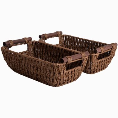 StorageWorks Handwoven Small Wicker Baskets Round Paper Rope Storage Baskets with Wooden Handles Dark Brown 2Pack