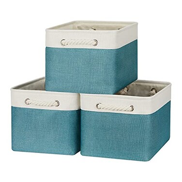 Bidtakay Basket Storage Bins with Handles Fabric Large Storage Baskets for Organizing Set of 3 Collapsible Rectangular Basket for Shelves Closet Organizer 15 X 11 X 95 InchesWhiteTeal Blue