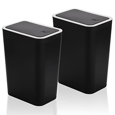 Fasmov Trash Can 2 Pack 75 Liter 2 Gallon Plastic Garbage Container Bin with Press Top Lid Garbage Can Waste Basket for Kitchen Bathroom Living Room Office Narrow Place Black