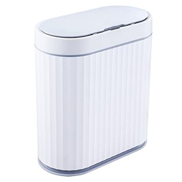 ELPHECO Bathroom Trash Can with lid 25 Gallon Waterproof Sensor Trash Bin 10 Liter Motion Sensor Trash Can Slim Garbage Bin Bathroom Decor White with Grey Trim