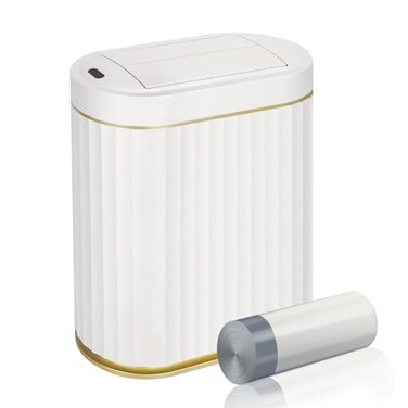 ELPHECO Bathroom Trash Can with Lid Butterfly Motion Sensor Trash Can Bathroom Decor Automatic Garbage Can Wastebasket Bathroom Accessories Kitchen Living Room Office White Gold