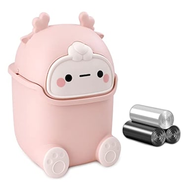 QLFJ-FurDec QLFJFurDec Cute Desktop Trash Can Wastebasket with 90 Trash Bags Creative Tiny Countertop Garbage Can with Flip Lid Small Plastic Pink