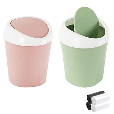 SITAKE 2 Pcs Plastic Mini Wastebasket Trash Can with 120 Trash Bags Tiny Desktop Waste Garbage Bin with Swing Lid for Home Office Kitchen Vanity Tabletop Bedroom Bathroom Green Pink