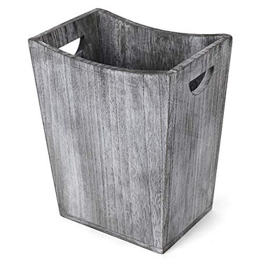 BTY Farmhouse Wooden Trash Can Small Square Wastebasket Garbage Container Bin Holder Rustic Torched Home Kitchen Office Trash Cans with Handle for Living Room Dorm Gray Green