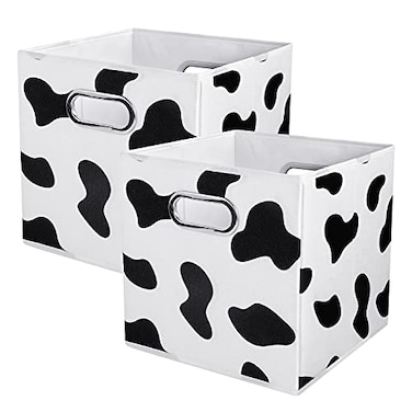ANMINY 2PCS Cow Print Storage Cubes 11 Inch Cute Storage Box Baskets with Handles Washable Foldable Cotton Linen Fabric Small Storage Bins for Desktop Closet Shelf Organizer Container Home Office