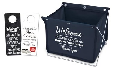 Mediz Foldable Shoe Cover Holder Blue with Bonus 1 Door Hanger with Designs on Front and Back Please Use Shoe Covers