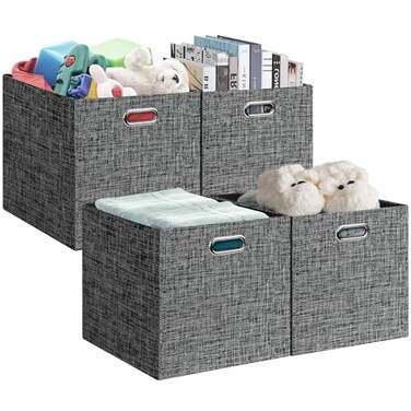 Posprica 13x15x13in Collapsible Storage Bins Fabric Foldable Cube Storage Boxes Decorative Storage Baskets Organizer for IKEA Kallax Shelves Closet Clothes Set of 4Black
