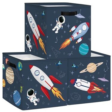Clastyle 3 pcs Cosmic Space Cube Storage Unit Boxes Stars Kallax Box for Shelves Parents Storage Baskets for Book Clothes Toy Organizer Rocket 118x118x118 in
