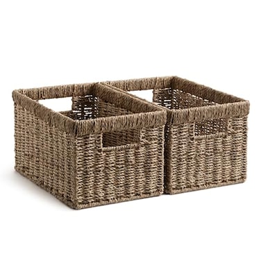 StorageWorks Wicker Storage Basket for Organizing Medium Seagrass Storage Baskets with Builtin Handles for Pantry Shelves2Pack