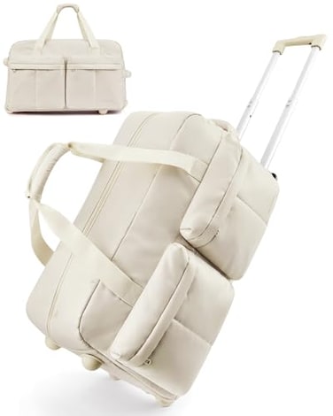 BAGSMART Rolling Duffle Bag with Wheels Carry On Bag Duffel Bag for Travel Wet Pocket Duffle with Wheels and Handle Beige 42L