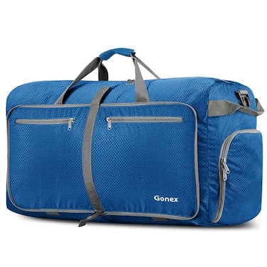 Gonex 100L Large Foldable Travel Duffle Bag with Shoes Compartment Packable Lightweight Water Repellent Duffel Bag for Camping Gym Weekender Bag Deep blue