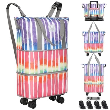 VOOWO Rolling Duffel Bag Foldable Expandable Duffle With Wheels for Travel Luggage Carry On Large Backpack Weekend Bag for Men Women Rainbow