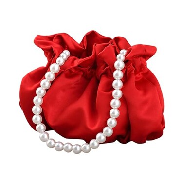 JAMBHALA Small Wristlet Purses Mini Bucket Bag Women Hobo Bag with Faux Pearl Chain Red