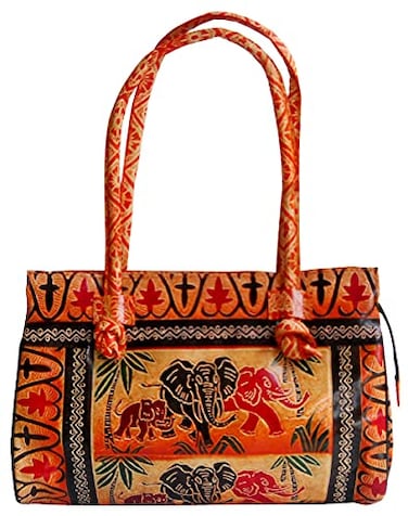 Crafts of India Jungle Elephants Design Ethnic Hand Embossed Shantiniketan Leather Indian Shoulder Bag