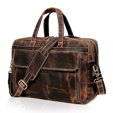 HLC 18 Inch Full Grain Leather Briefcase messenger shoulder bags for men and women brown 18 inch