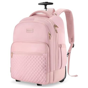 Arcoyard Rolling Backpack Carry On Luggage For Adults With Wheels 40L Wheeled Backpack For Women Travel Roller Backpack Rolling Bag Pink
