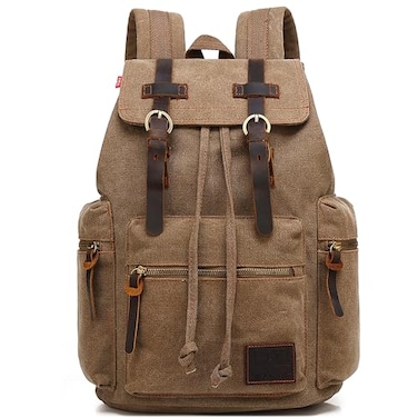 HuaChen Vintage Canvas Travel Backpack with Leather Trim Laptop Padded Sleeve Hidden Back Security Pocket Fits 14Inch M32 Brown