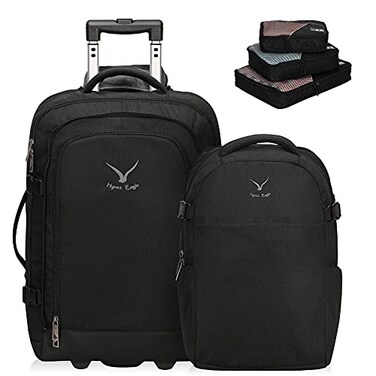 Hynes Eagle 2 in 1 Travel Backpack 22 inches Carry on Luggage 63L Rolling Backpack for Men Women with Packing Cubes 3PCS Set Black