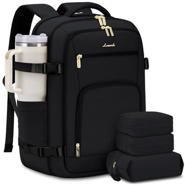 LOVEVOOK Carry on Backpack 50L Large Travel Backpack For Airplanes TSA Personal Item Travel Bag Waterproof Daypack Fits 18 Inch Laptop Business Weekender Overnight With 3 Packing Cubes Black