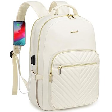 LOVEVOOK Laptop Backpack Purse for Women Work Travel Computer Bags College School Backpack for Student Girl Quilted Casual Daypack with USB Port Fit 156 Inch Laptop Beige White