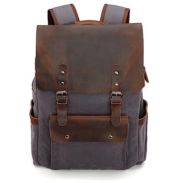 Modoker Waxed Canvas Backpack Leather Rucksack Knapsack for Men Woman Satchel Backpack Vintage Travel Laptop Backpack 156 Inch Retro Flap Backpacks Canvas Casual Daypack Purple