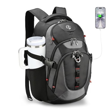 Swissdigital Design Laptop Backpack with USB Charging Port Travel Backpack Fits 156 inches Computer 31L College School Backpack for Men BlackGrey SD80302