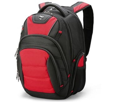 Swissdigital Design Mens Laptop Backpack for College and Business Travel with Integrated USB Charging Port and RFID Protection Fits 156 Laptops BlackRed J1441