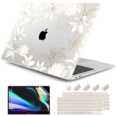 DONGKE Compatible with MacBook Air 13 inch Case 2021 2020 2019 2018 Release A2337 M1 A2179 A1932 with Retina Display Touch ID Plastic Hard Shell Keyboard Cover Golden Florals