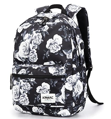 Kinmac White Rose Pattern 15 inch Waterproof Laptop Travel Outdoor Backpack With USB Charging Port For 13 inch 14 inch and 156 inch Laptop
