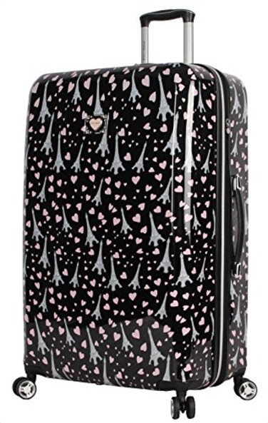 Betsey Johnson 30 Inch Checked Luggage Collection Expandable Scratch Resistant ABS PC Hardside Suitcase Designer Lightweight Bag with 8Rolling Spinner Wheels Paris Love