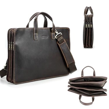 CONTACTS Full Grain Leather Briefcase for Men 16 Laptop Bag Messenger Bag Computer Satchel Handbag with 3 Layer Compartments