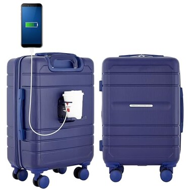 French Connection St Martin CarryOn Luggage with Cup HolderUSB Ports Blue Depths