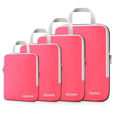 Gonex Compression Packing Cubes 4pcs Expandable Storage Travel Luggage Bags Organizers Bright Pink