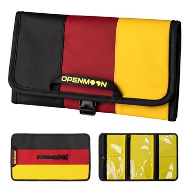 OPENMOON MultiPurpose Storage Bag TriFold Design 5 Compartments SplashProof for Cables Toiletries Makeup BlackRedYellow