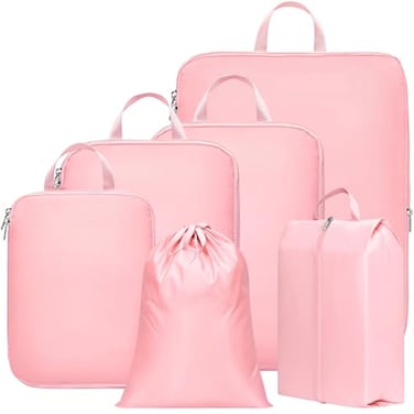 Cambond Compression Packing Cubes for Travel 6 Set Packing Cubes for Suitcases Expandable Luggage Organizers with Shoe Bag and Laundry Bag Pink