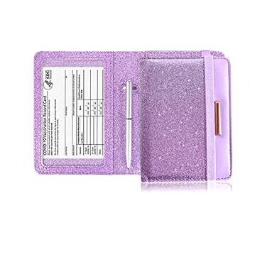 Caweet Passport Holder and Vaccine Card Holder Combo RFID Blocking Leather Vaccination Card Wallet with Elastic Band Closure Glitter Purple