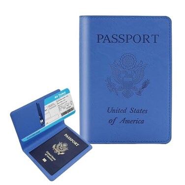 Cnycmy Passport Holder for TravelSlim Travel Organizer for Passport RFID BlockingBoarding Pass Credit Cards Vegan Leather AntiTheft Design Blue5