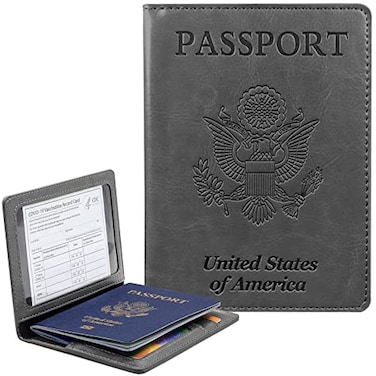 KAOBAN Passport Holder Cover Wallet Case RFID Blocking Leather Card Slot Travel Accessories Documents Organizer Protector for Women Men Dark Gray