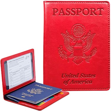 KAOBAN Passport Holder Cover Wallet Case RFID Blocking Leather Card Slot Travel Accessories Documents Organizer Protector for Women Men Red