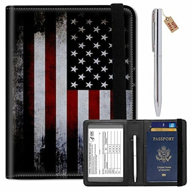 DEGDFSGR Passport Wallets and Vaccine Card Holder ComboRFID Blocking Leather Passport Holder Cover Case with CDC Vaccination Card SlotTravel Documents Organizer ProtectorMetal Pen American Flag