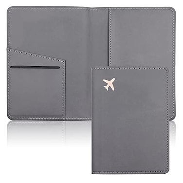 Deziliao Passport Wallet Gray Unisex Faux Leather Waterproof Slim Lightweight RFID Blocking 2in1 Design with Document Slots Credit Card Slots SIM Card Slots